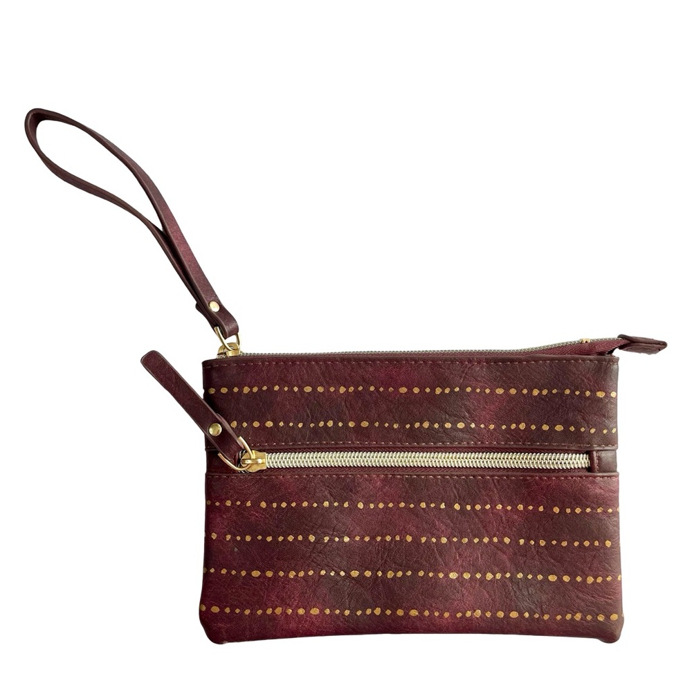 Maurices Brown Zip Closure Faux Leather Gold Dotted Wrislet Clutch Cosmetic Bag